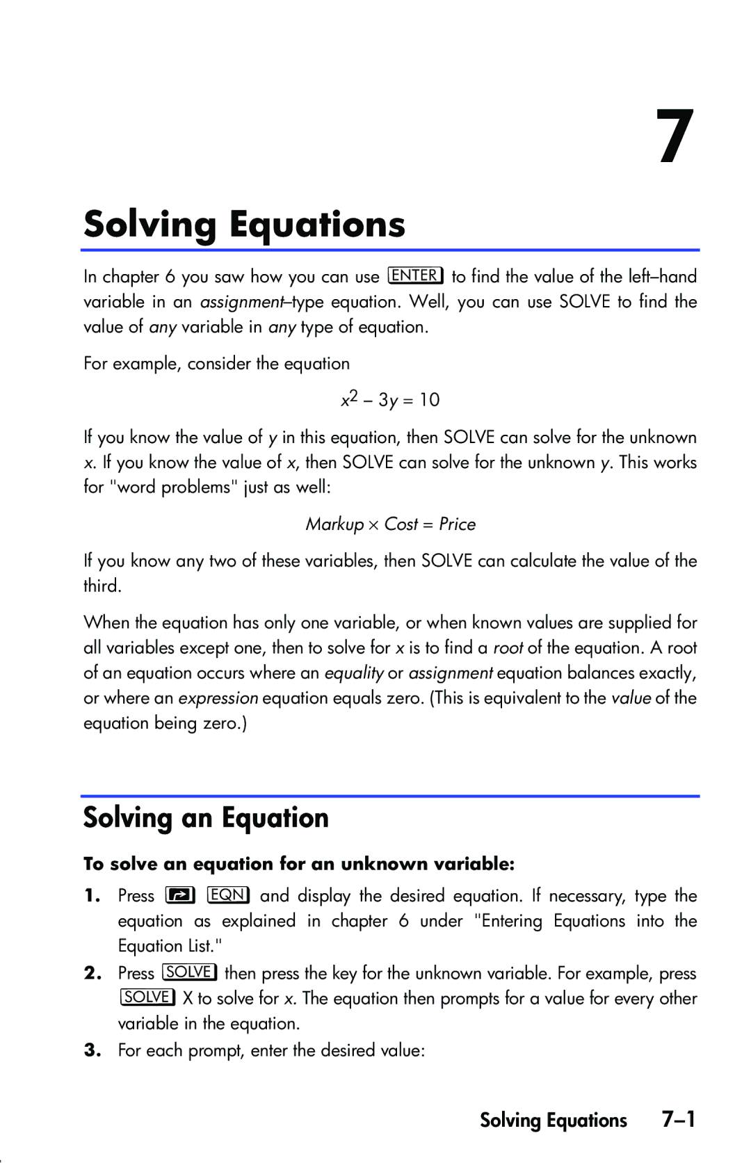 HP 33s Scientific manual Solving Equations, Solving an Equation, Markup ⋅ Cost = Price 