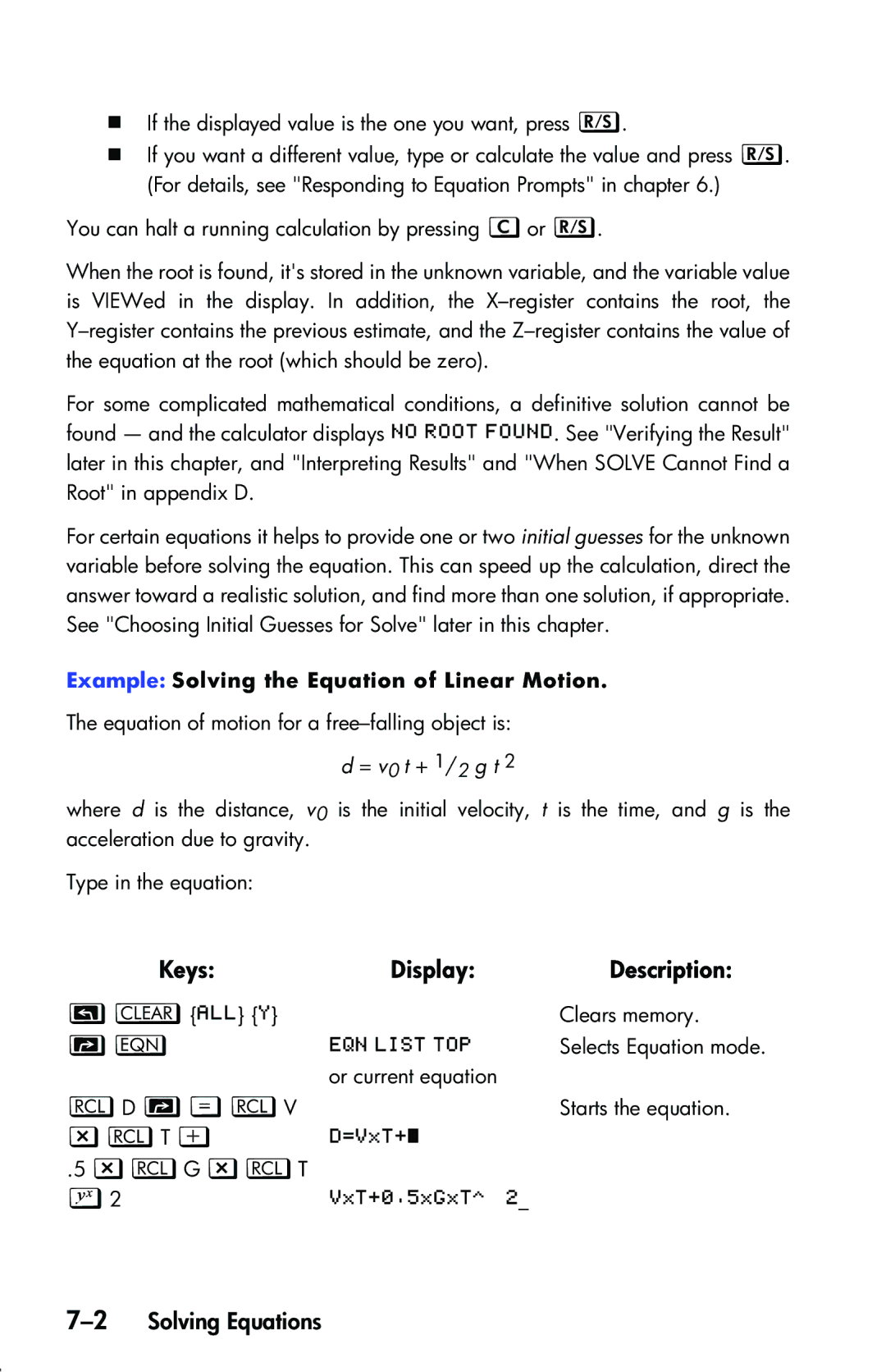 HP 33s Scientific manual LD dLV, Zlt ›, 2Solving Equations, Example Solving the Equation of Linear Motion, = v0 t + 1/2 g t 