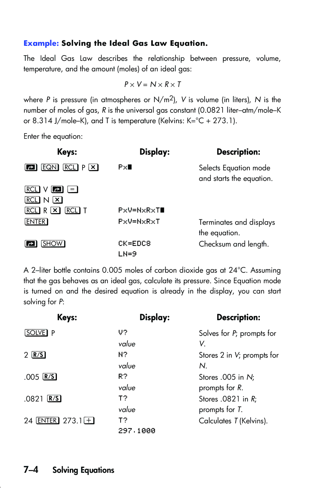 HP 33s Scientific manual HL P z, Zl T, 4Solving Equations, Example Solving the Ideal Gas Law Equation, ⋅ V = N ⋅ R ⋅ T 