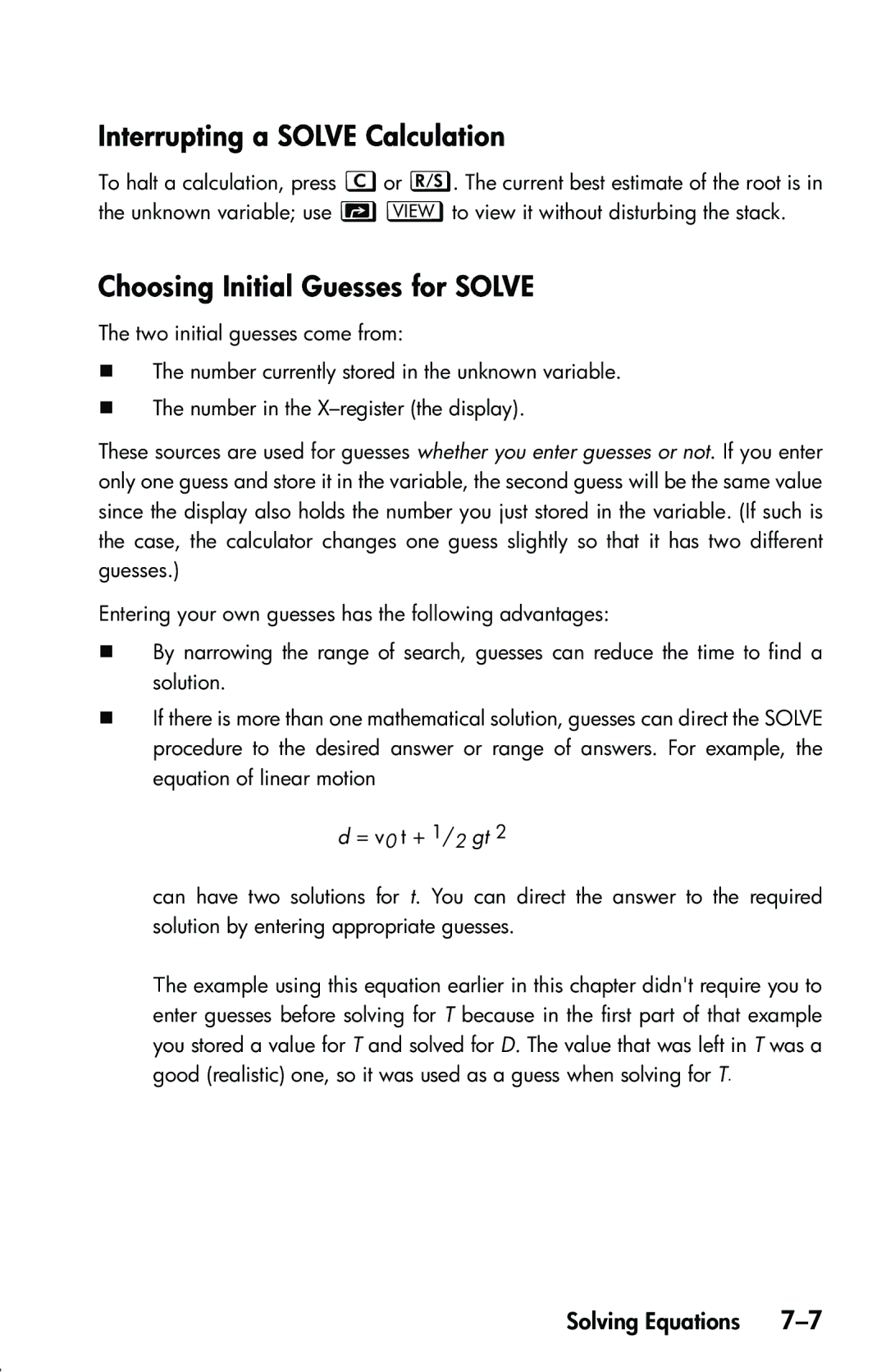 HP 33s Scientific manual Interrupting a Solve Calculation, Choosing Initial Guesses for Solve 