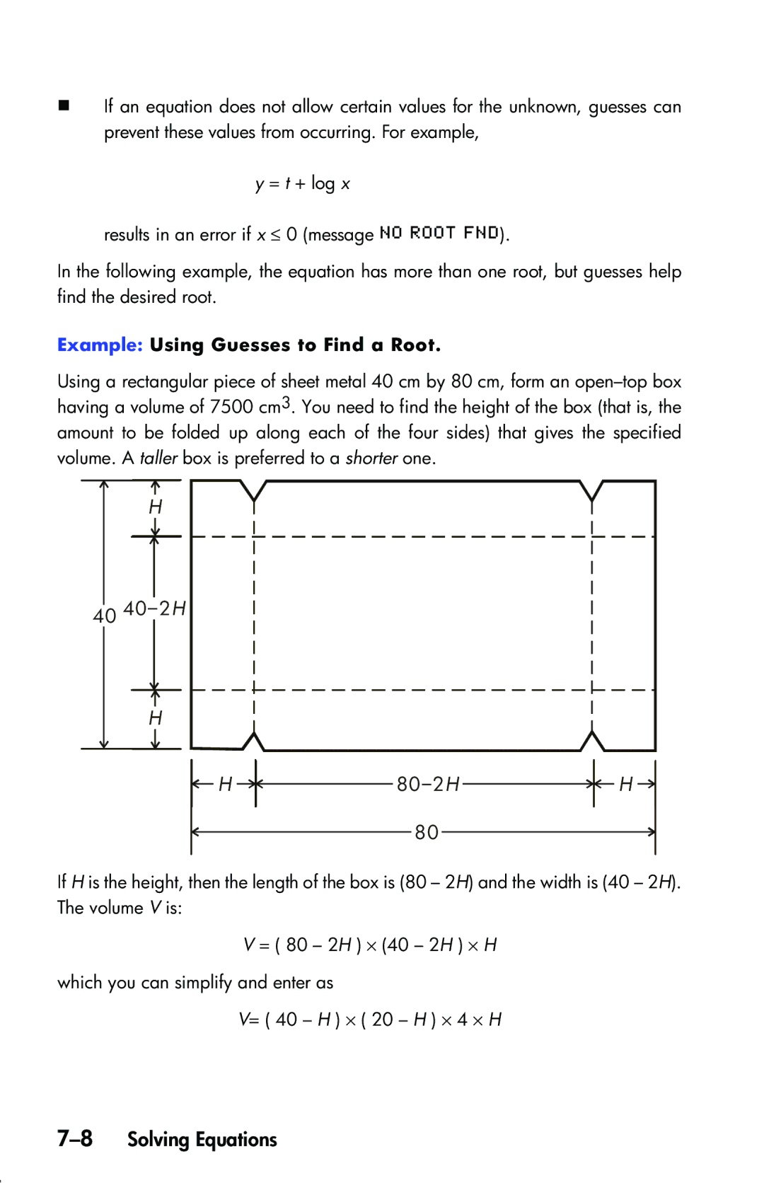 HP 33s Scientific manual 8Solving Equations, Example Using Guesses to Find a Root 