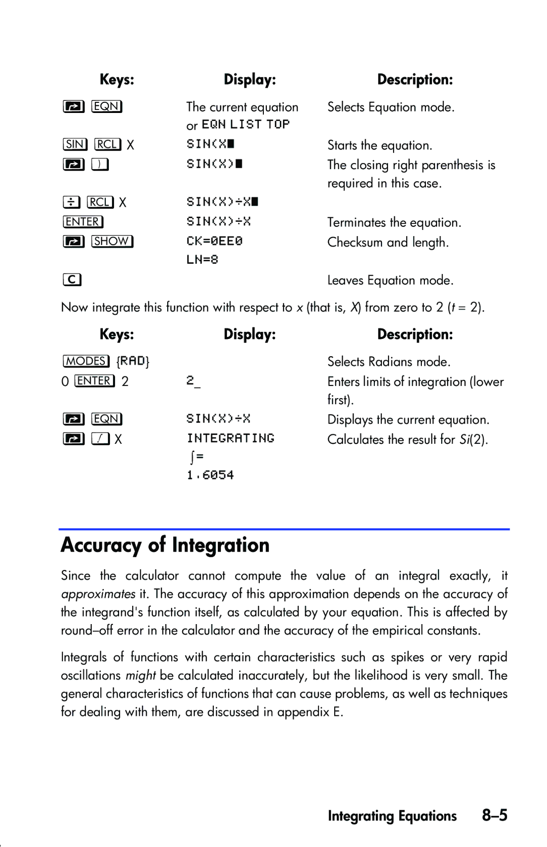 HP 33s Scientific manual Accuracy of Integration, KeysDisplayDescription 