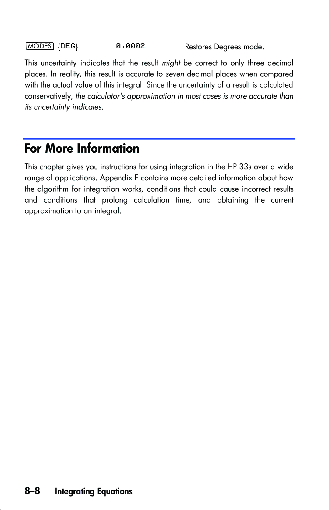 HP 33s Scientific manual 8Integrating Equations, Its uncertainty indicates 