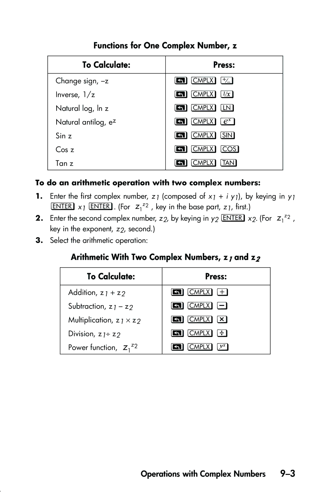 HP 33s Scientific manual Functions for One Complex Number, z To Calculate Press 