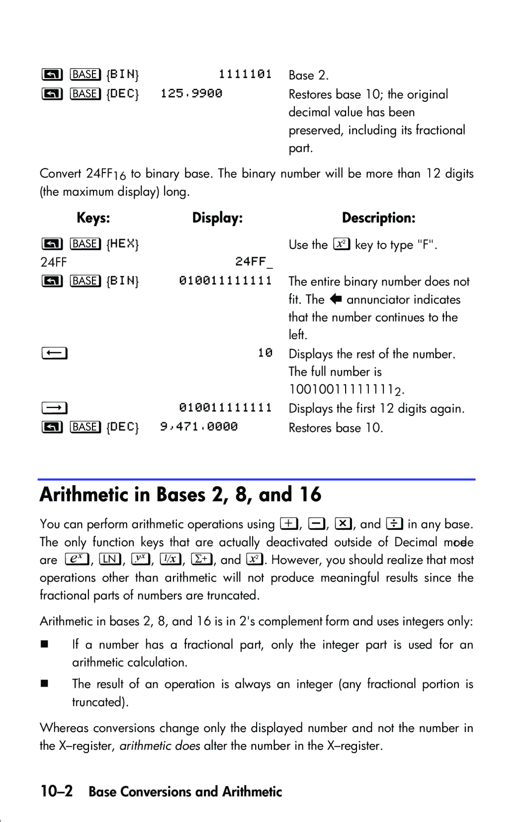 HP 33s Scientific manual Arithmetic in Bases 2, 8, 10-2Base Conversions and Arithmetic 