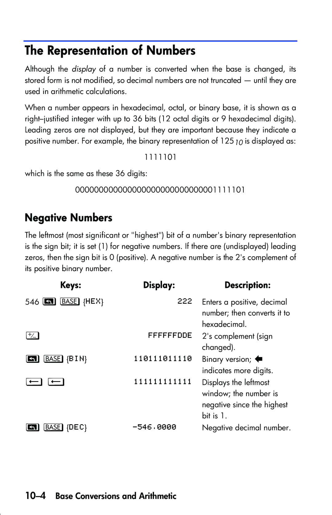 HP 33s Scientific manual Representation of Numbers, Negative Numbers, ˜˜, 10-4Base Conversions and Arithmetic 