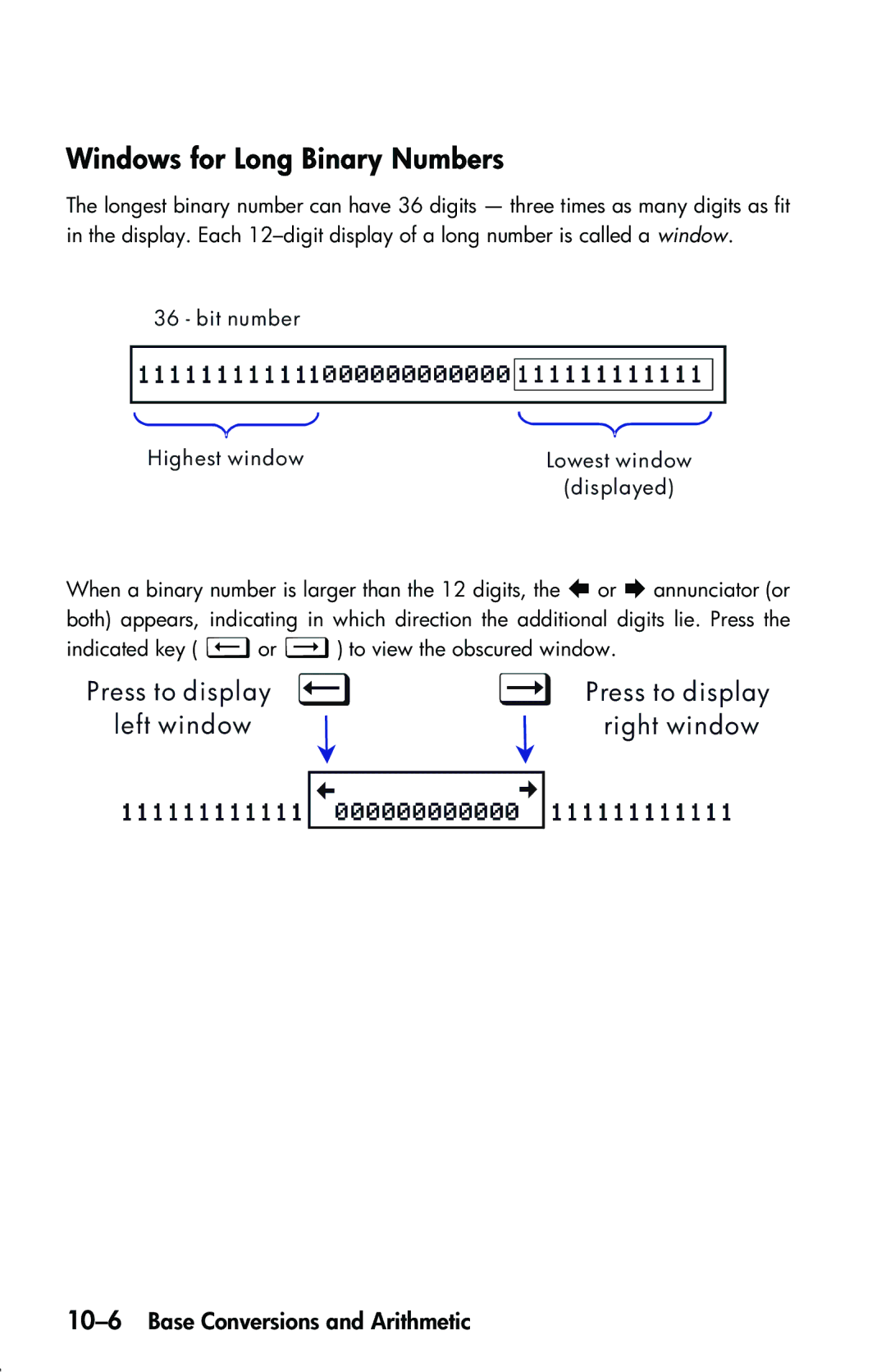 HP 33s Scientific manual Windows for Long Binary Numbers, 10-6Base Conversions and Arithmetic 