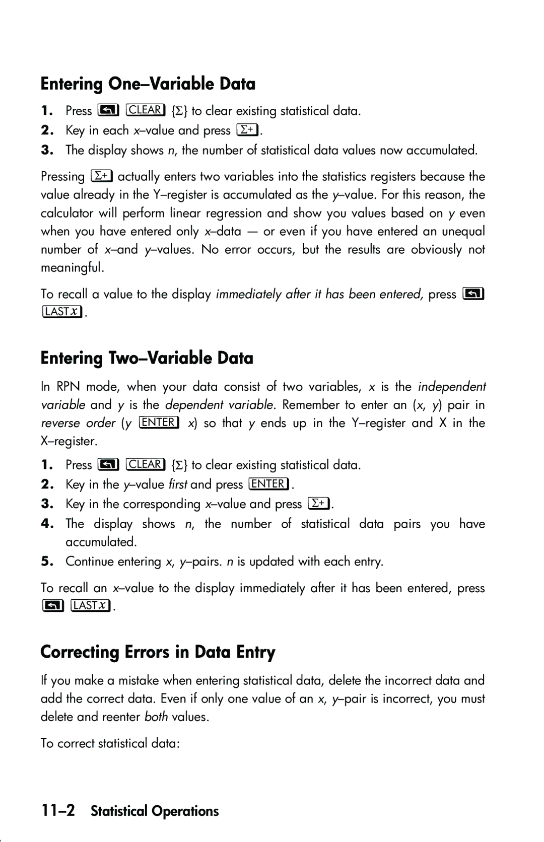 HP 33s Scientific manual Entering One-Variable Data, Entering Two-Variable Data, Correcting Errors in Data Entry 