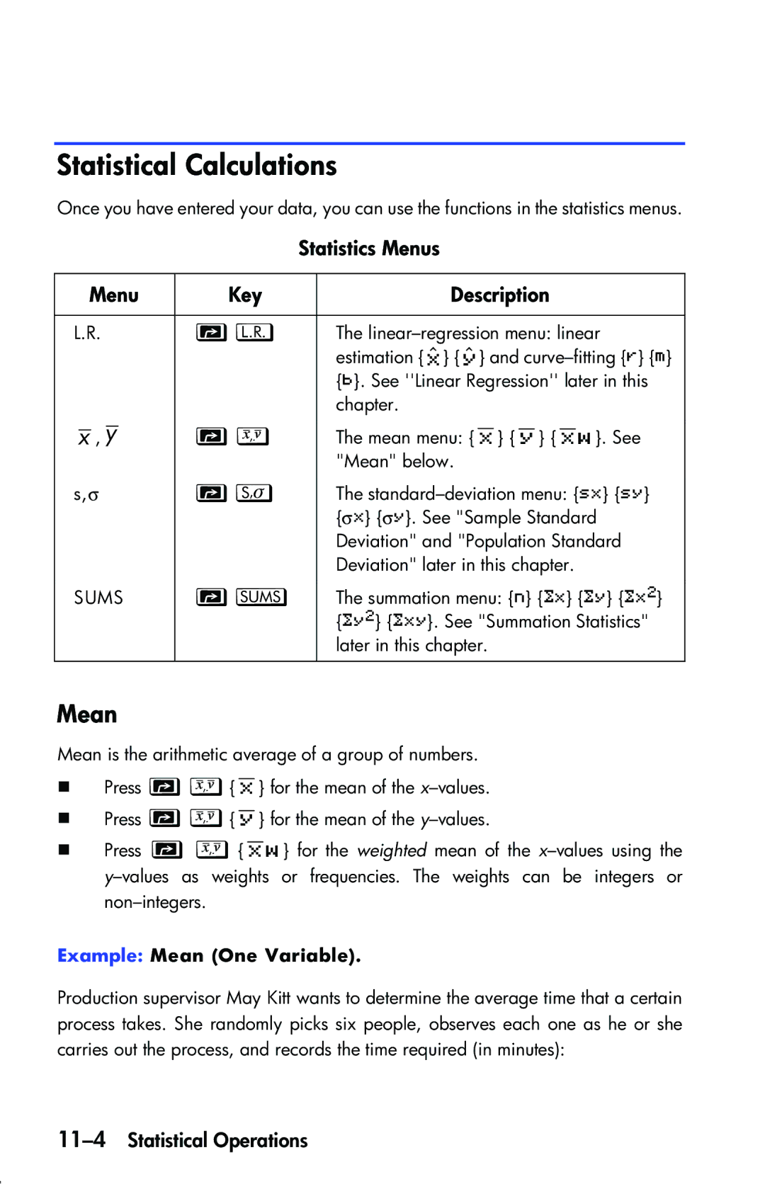 HP 33s Scientific manual Statistical Calculations, Mean, Statistics Menus Key Description, 11-4Statistical Operations 