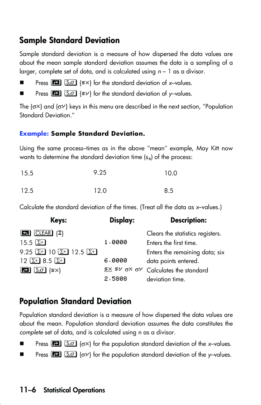 HP 33s Scientific manual Sample Standard Deviation, Population Standard Deviation, Uº, 11-6Statistical Operations 