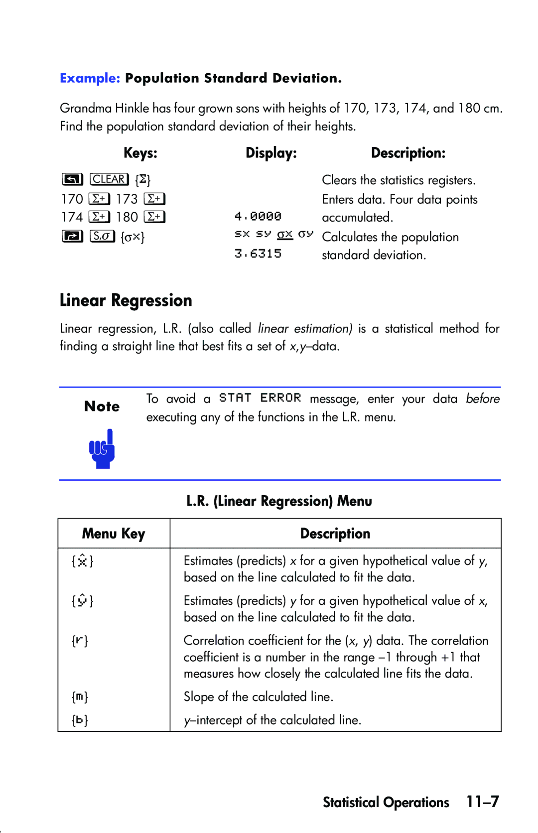 HP 33s Scientific manual σº, Keys DisplayDescription, Linear Regression Menu, Menu Key Description 