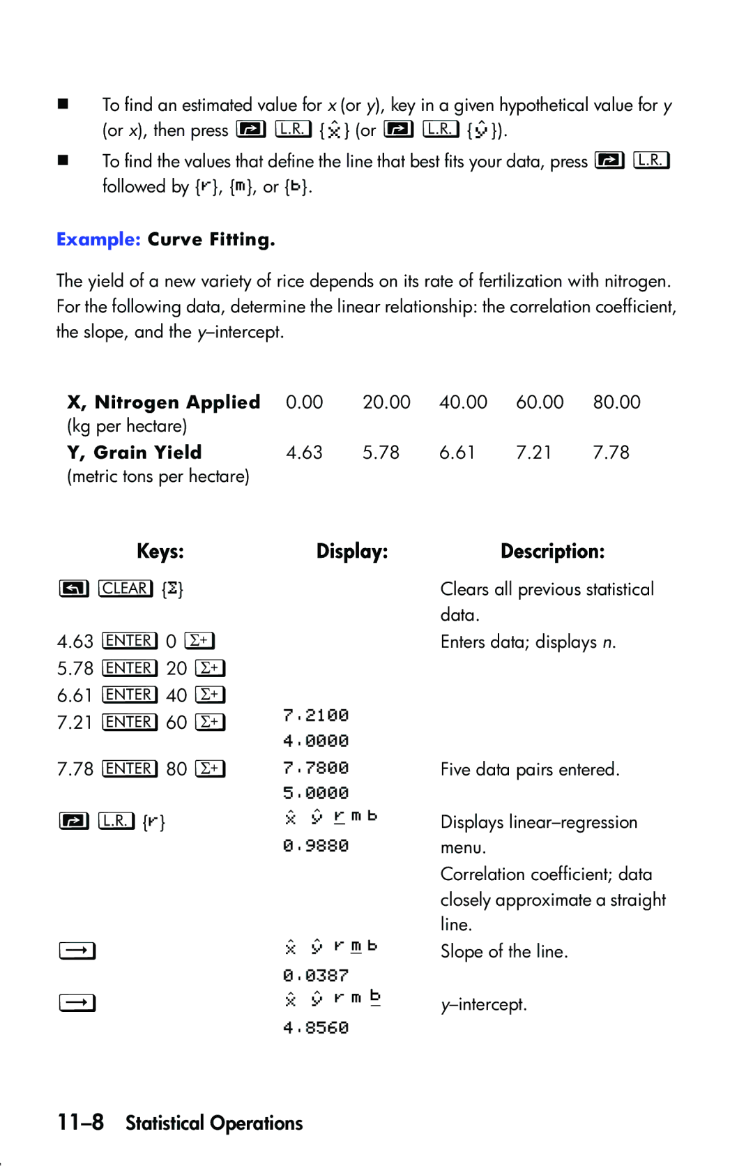 HP 33s Scientific manual 11-8Statistical Operations, Example Curve Fitting, Nitrogen Applied, Grain Yield 