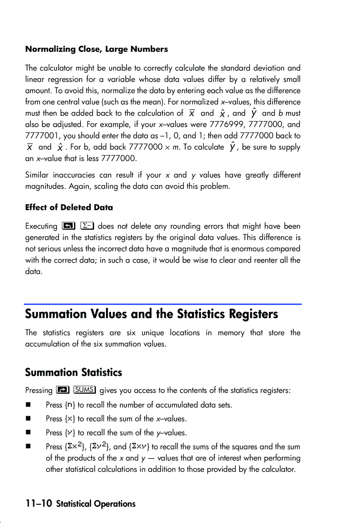 HP 33s Scientific manual Summation Values and the Statistics Registers, Summation Statistics, 11-10Statistical Operations 