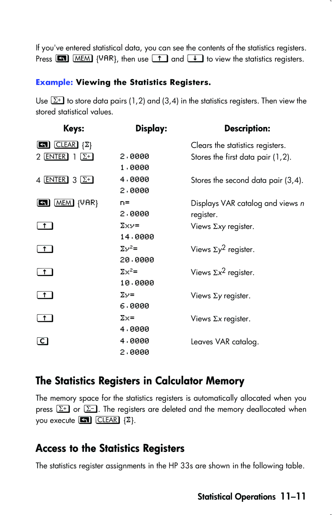 HP 33s Scientific manual Statistics Registers in Calculator Memory, Access to the Statistics Registers 