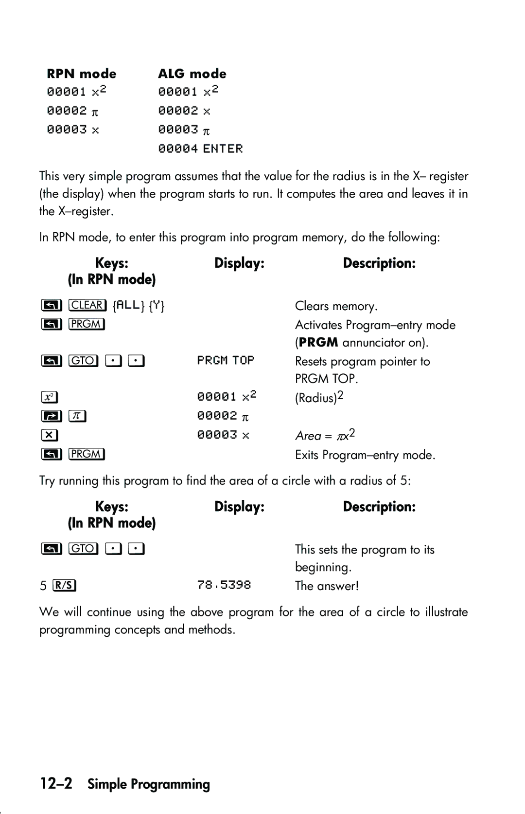 HP 33s Scientific manual Display Description, 12-2Simple Programming, RPN mode ALG mode, Keys 