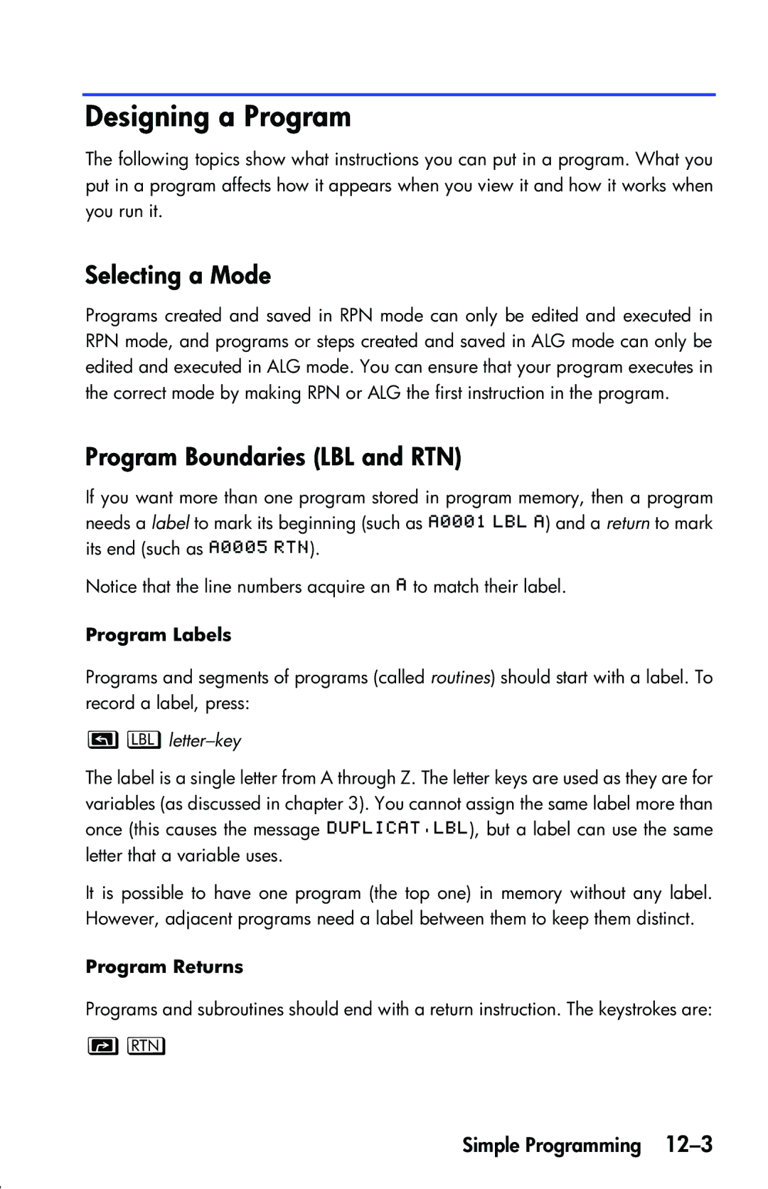 HP 33s Scientific Designing a Program, Selecting a Mode, Program Boundaries LBL and RTN, Program Labels, Program Returns 