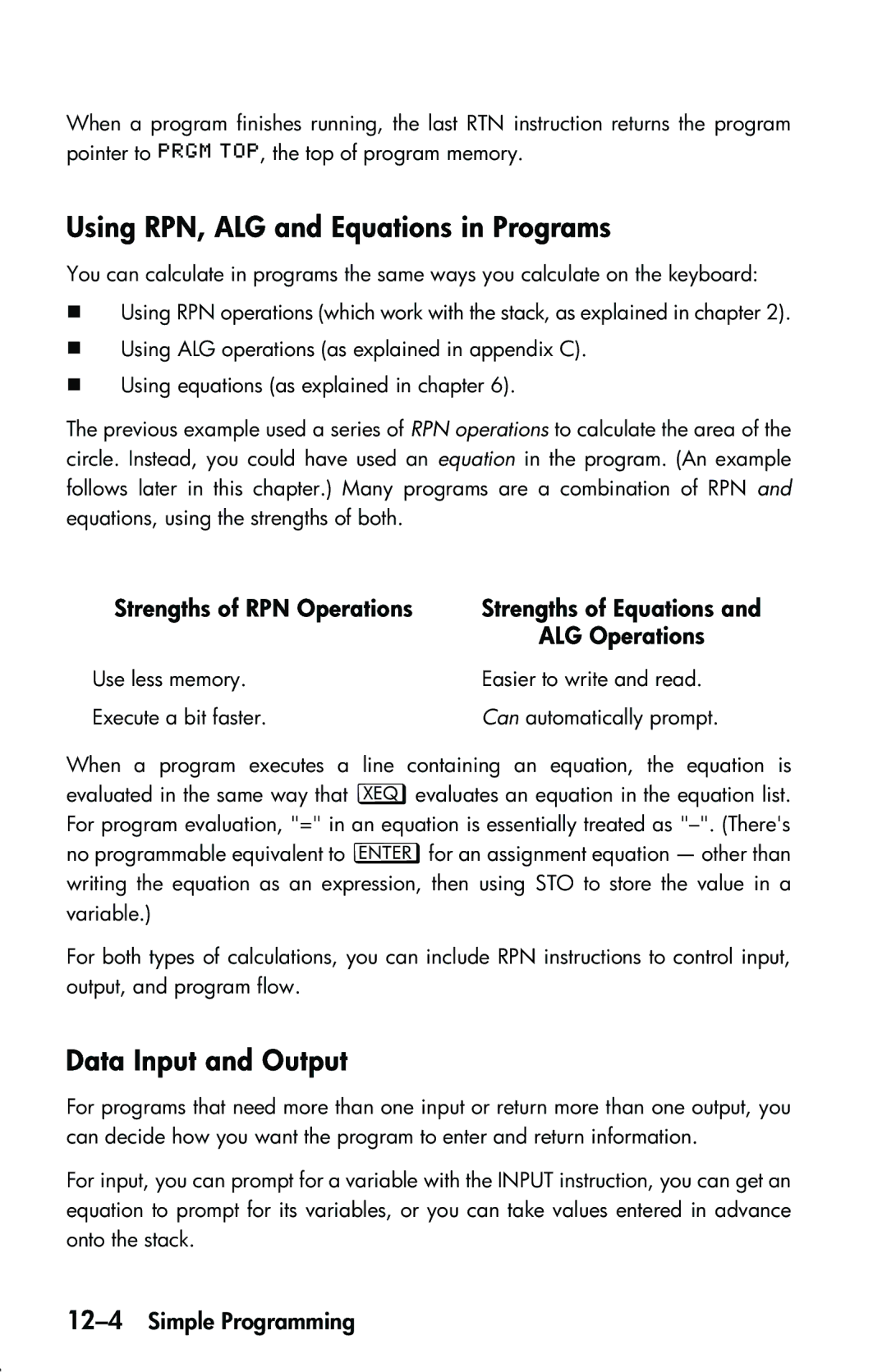 HP 33s Scientific manual Using RPN, ALG and Equations in Programs, Data Input and Output, Strengths of RPN Operations 