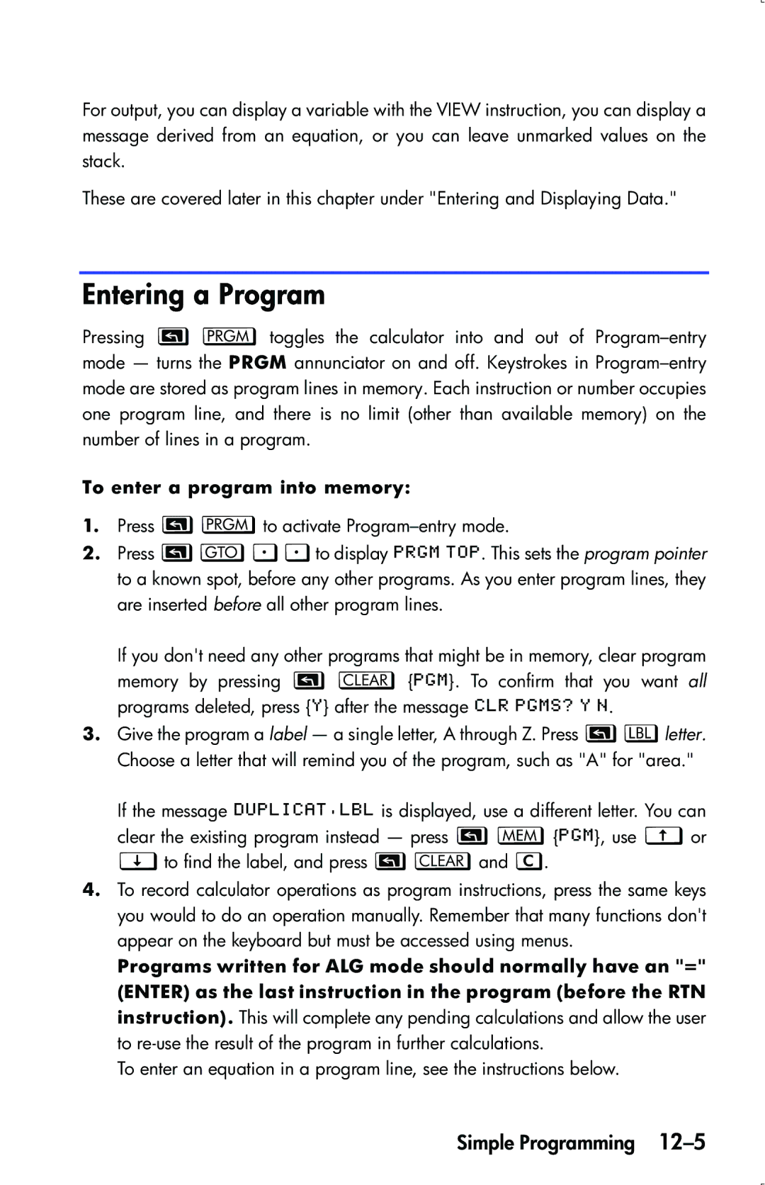 HP 33s Scientific manual Entering a Program, To enter a program into memory 