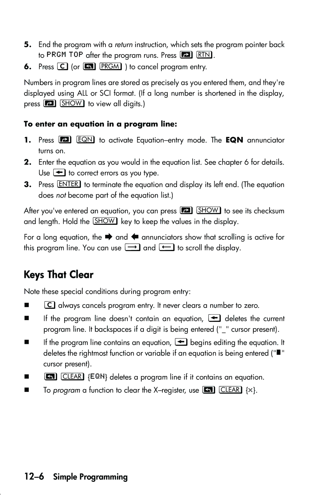 HP 33s Scientific manual Keys That Clear, 12-6Simple Programming, To enter an equation in a program line 