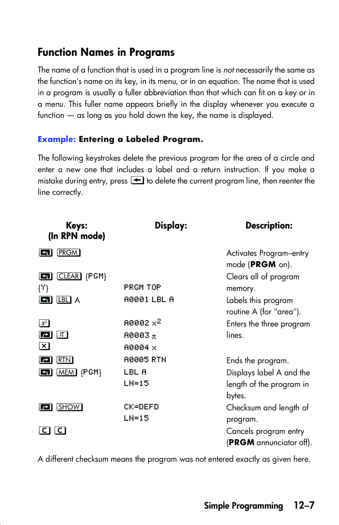 HP 33s Scientific manual Function Names in Programs, RPN mode, Example Entering a Labeled Program 