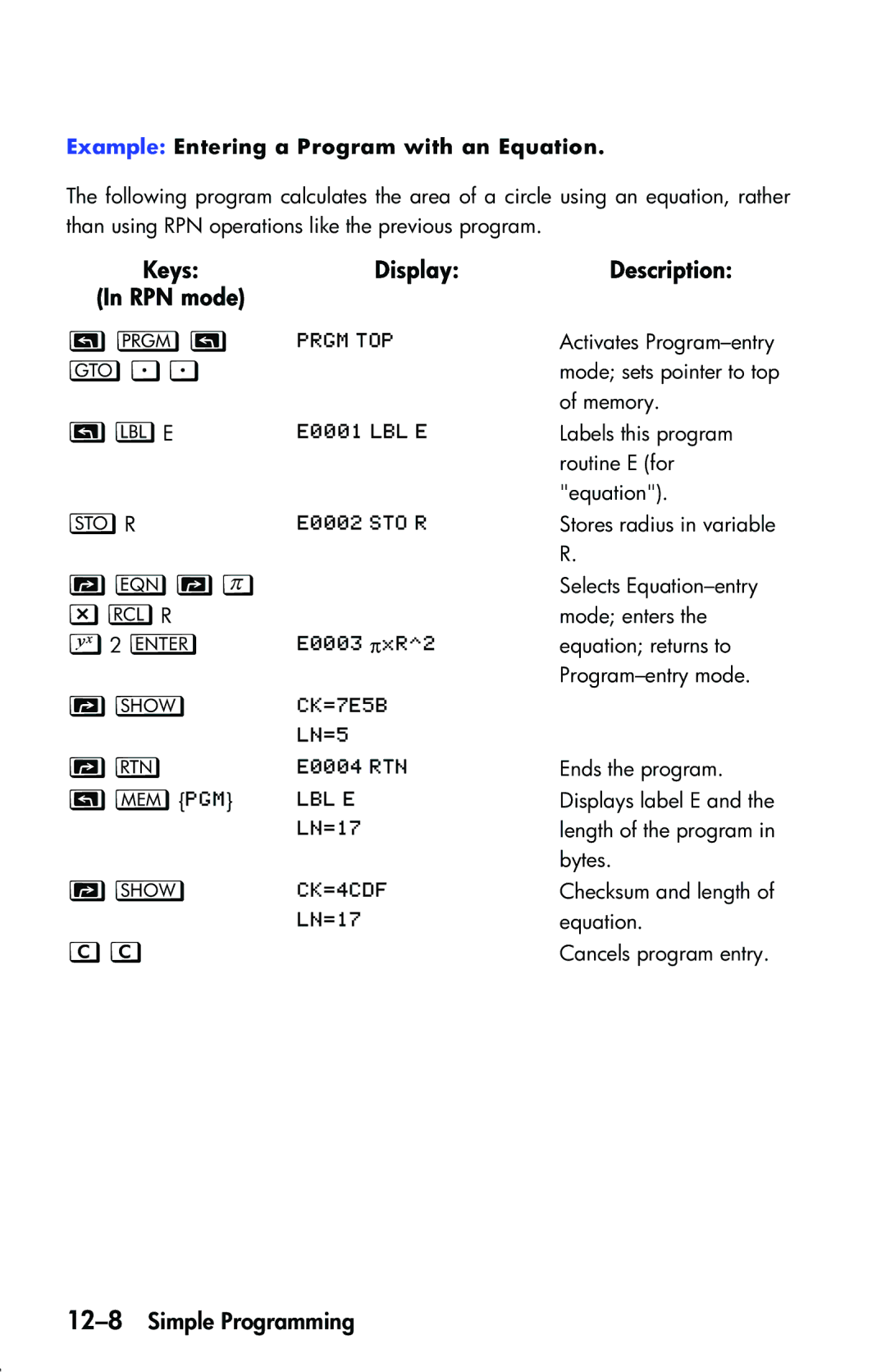 HP 33s Scientific manual Hn , Zlr, 12-8Simple Programming, Example Entering a Program with an Equation 