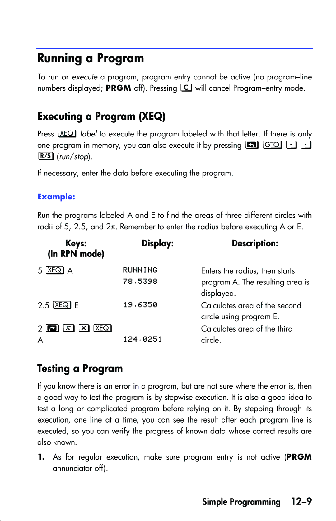 HP 33s Scientific manual Running a Program, Executing a Program XEQ, Testing a Program, NzX , Run/stop 