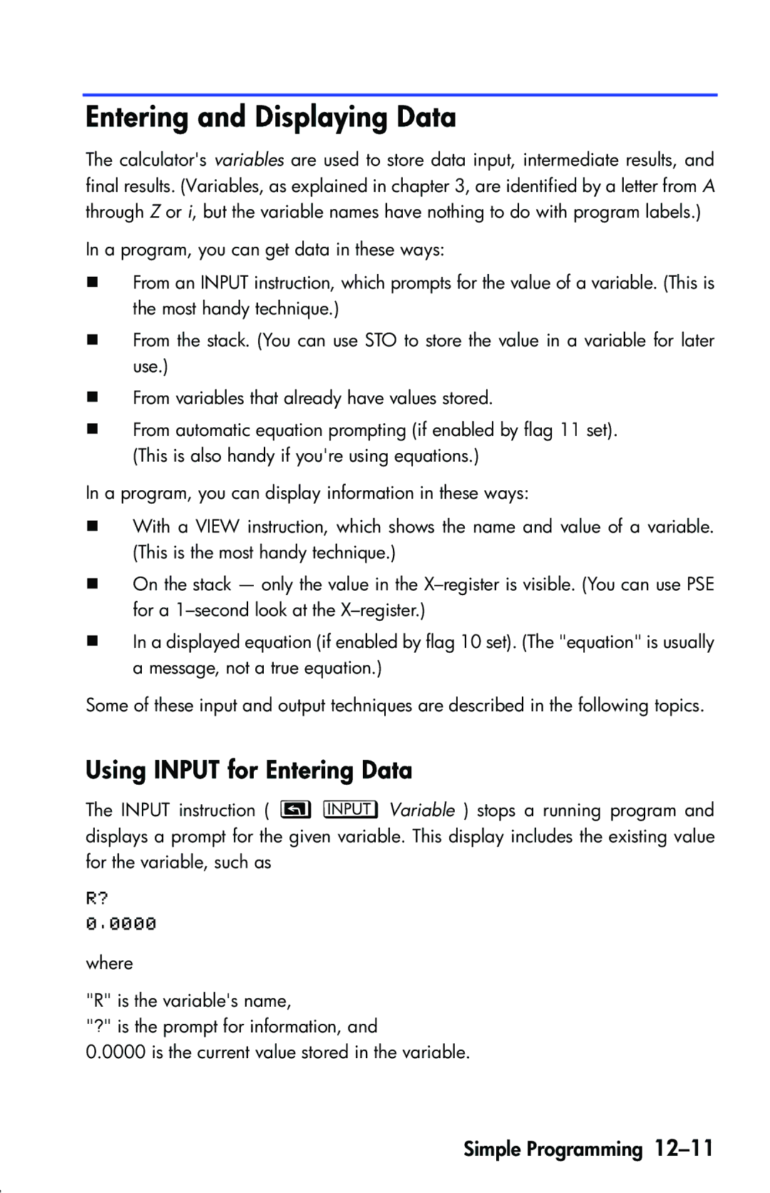 HP 33s Scientific manual Entering and Displaying Data, Using Input for Entering Data, @ 