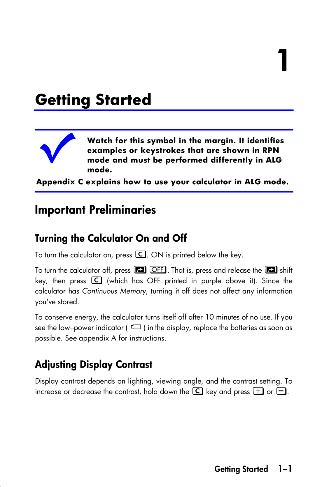 HP 33s Scientific Getting Started, Important Preliminaries, Turning the Calculator On and Off, Adjusting Display Contrast 