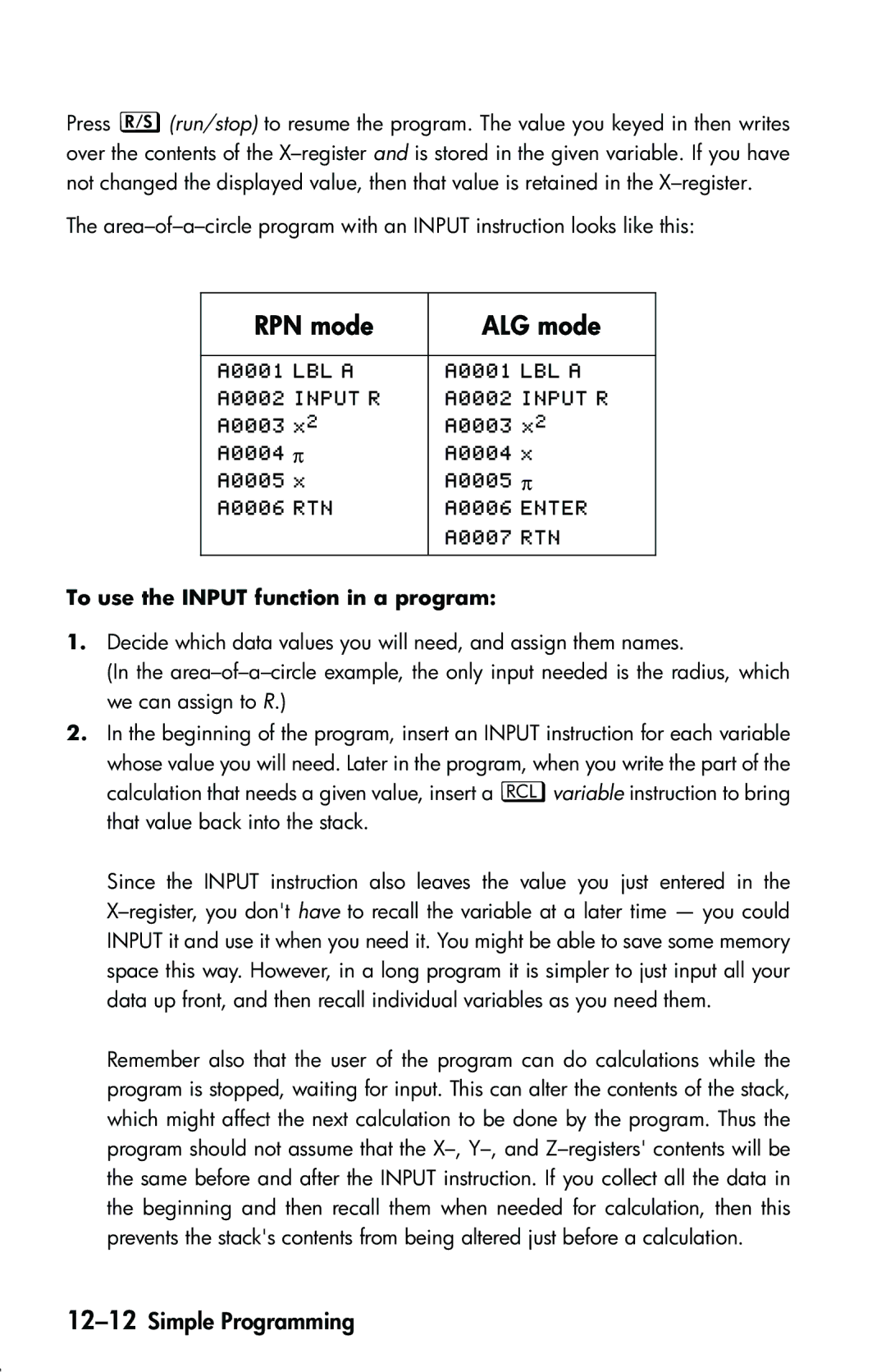 HP 33s Scientific manual 12-12Simple Programming, To use the Input function in a program 