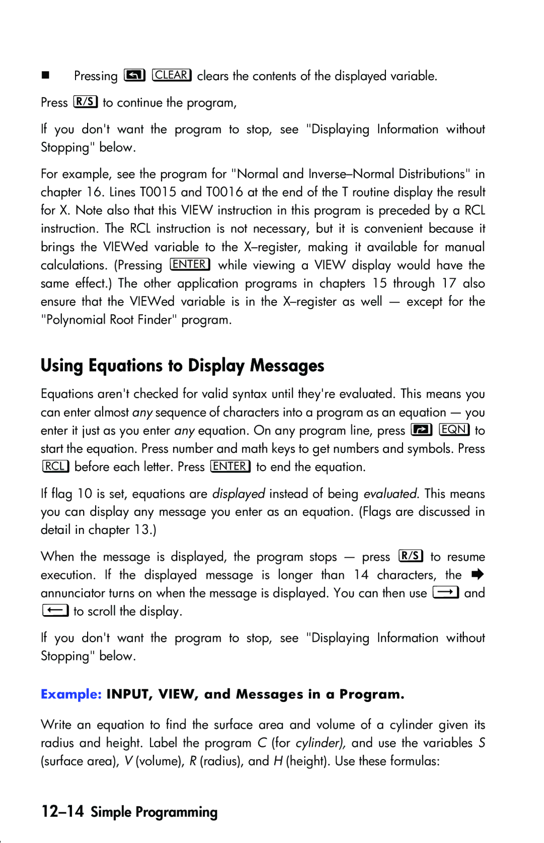 HP 33s Scientific manual Using Equations to Display Messages, 12-14Simple Programming 