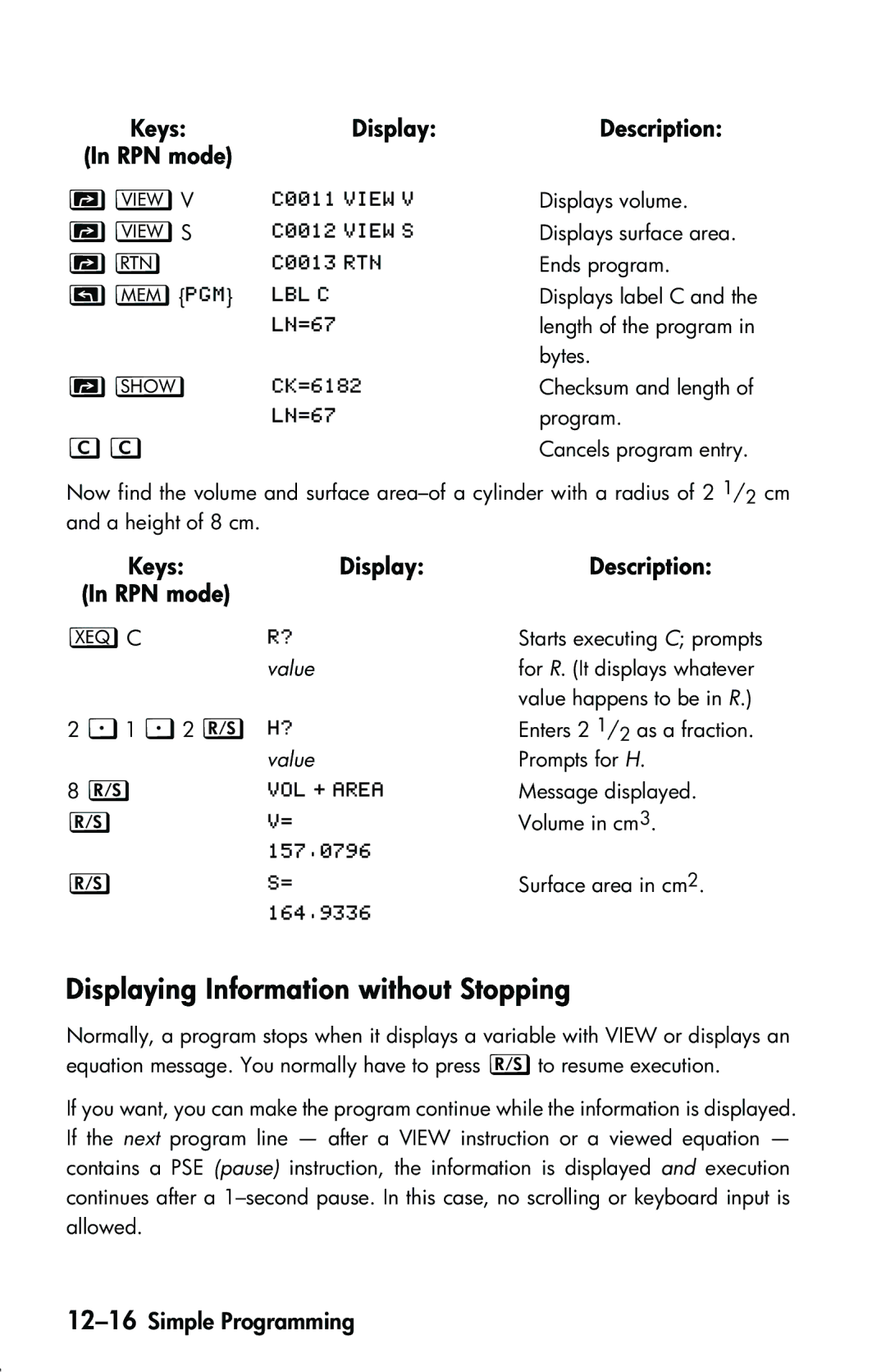 HP 33s Scientific manual Displaying Information without Stopping, 12-16Simple Programming 