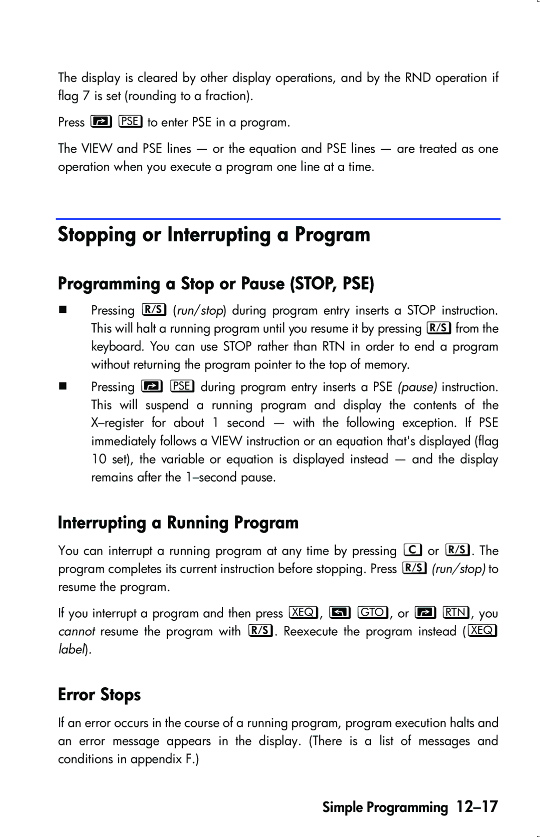 HP 33s Scientific manual Stopping or Interrupting a Program, Programming a Stop or Pause STOP, PSE, Error Stops, Label 