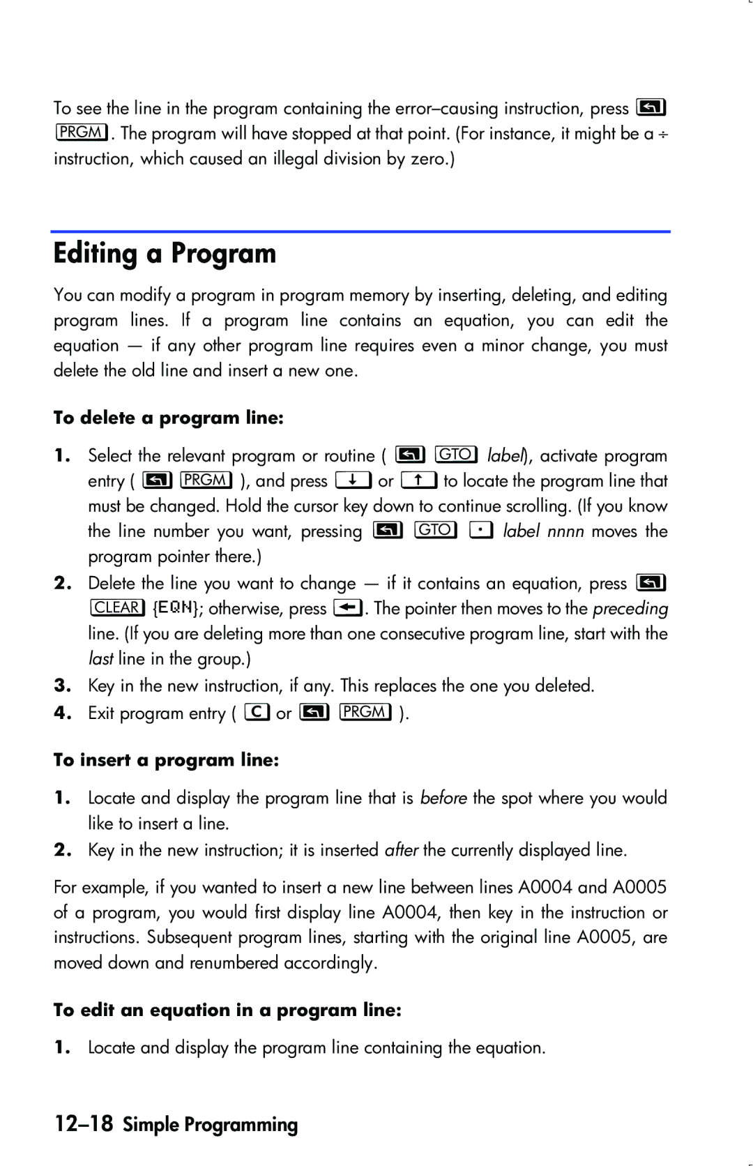 HP 33s Scientific manual Editing a Program, 12-18Simple Programming, To delete a program line, To insert a program line 