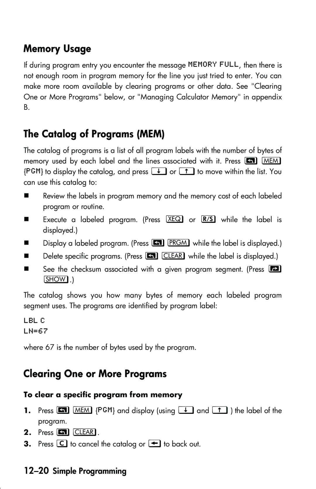 HP 33s Scientific manual Memory Usage, Catalog of Programs MEM, Clearing One or More Programs, 12-20Simple Programming 