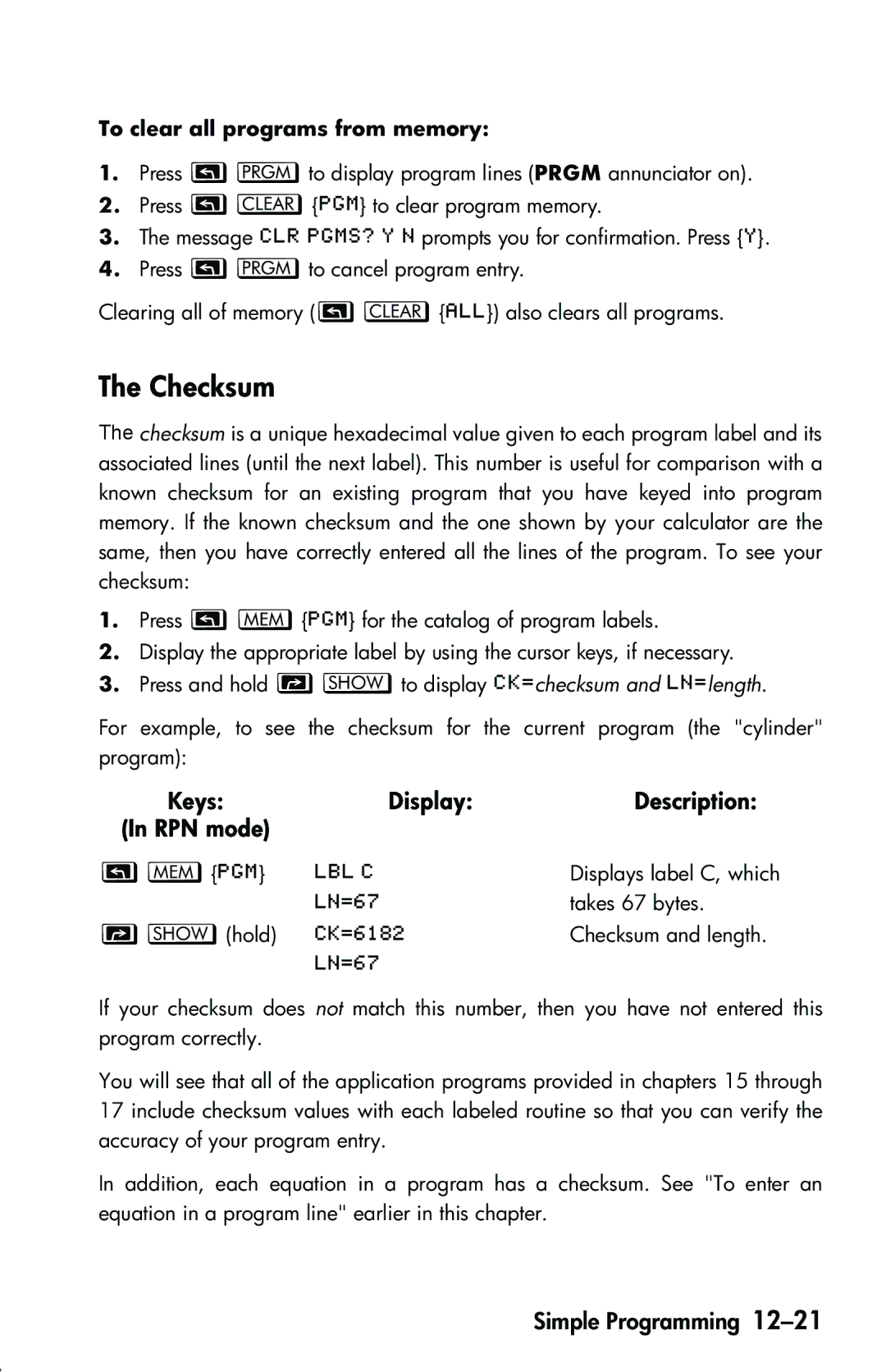 HP 33s Scientific manual Checksum, To clear all programs from memory 