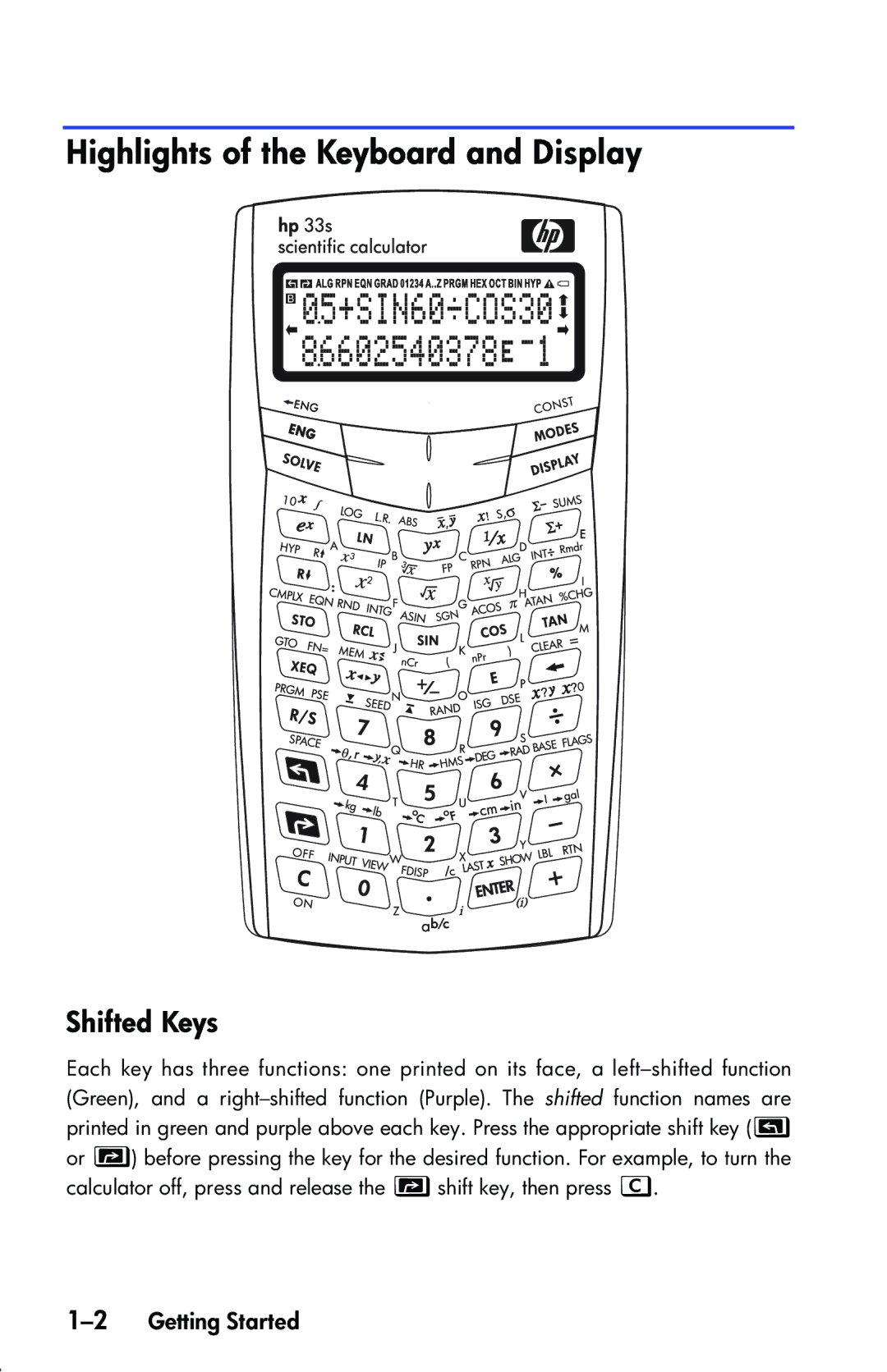 HP 33s Scientific manual Highlights of the Keyboard and Display, Shifted Keys, 2Getting Started 