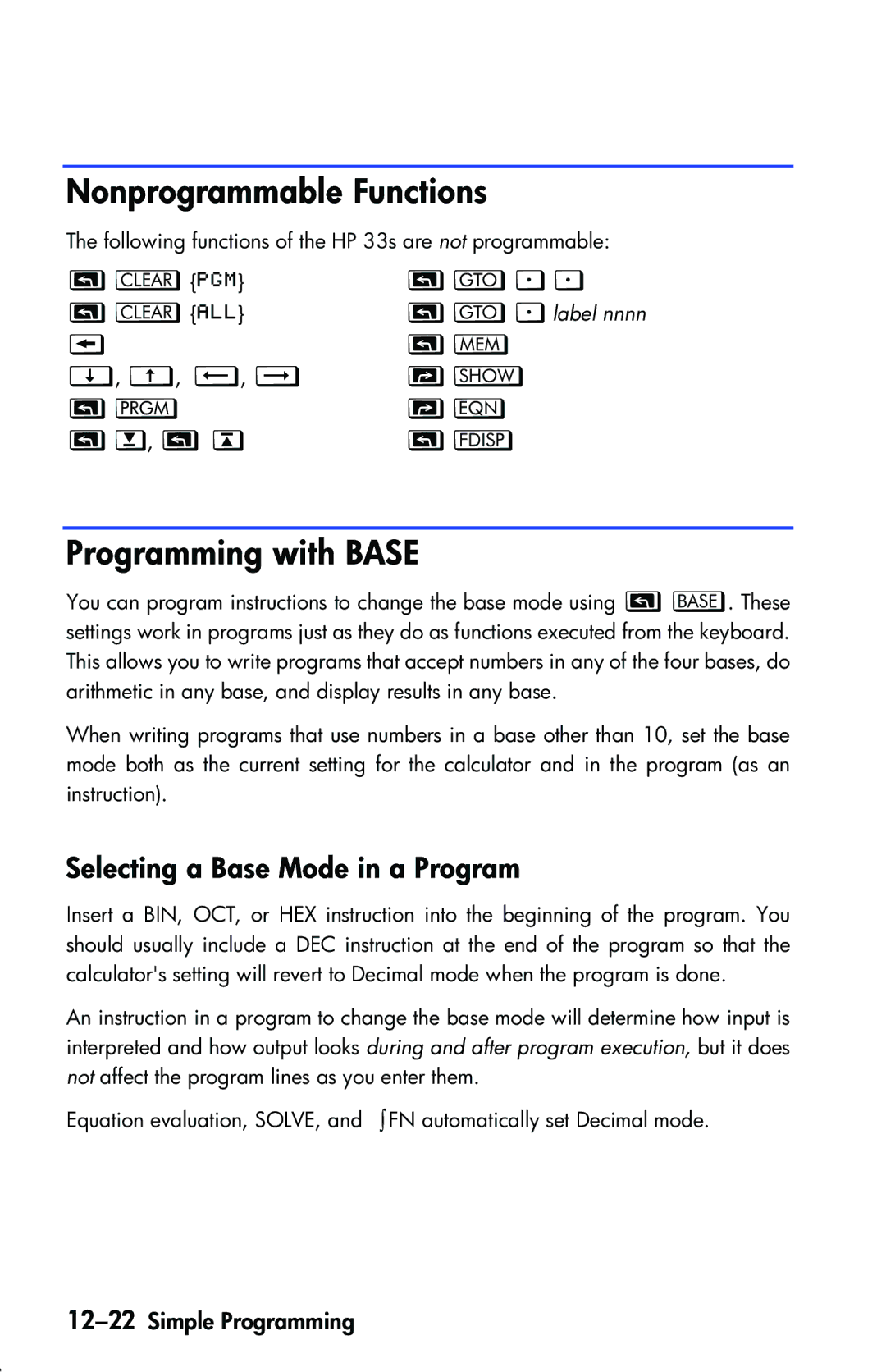 HP 33s Scientific manual Nonprogrammable Functions, Programming with Base, Selecting a Base Mode in a Program, V 