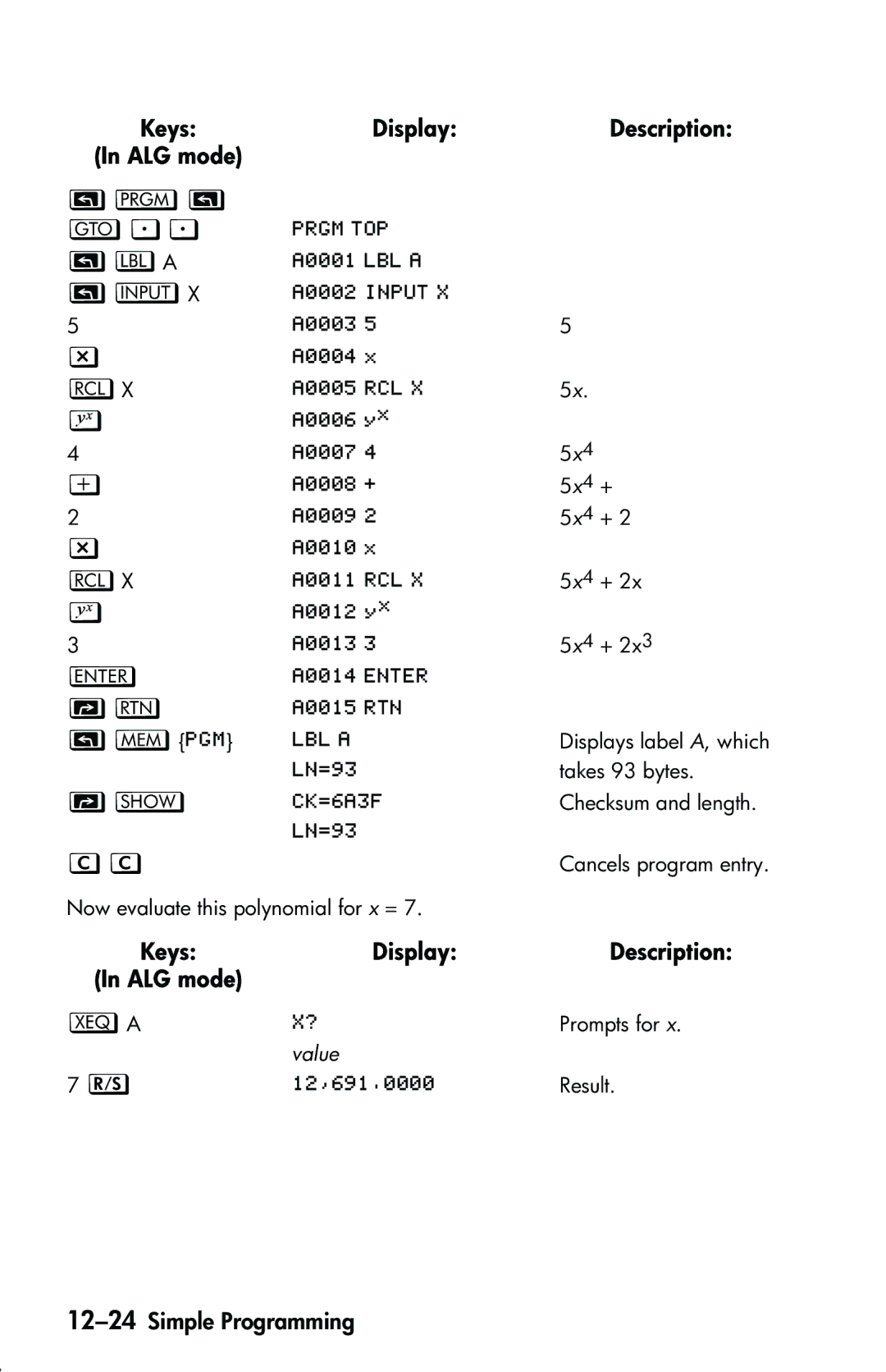 HP 33s Scientific manual ‰X, 12-24Simple Programming, Keys Display ALG mode 