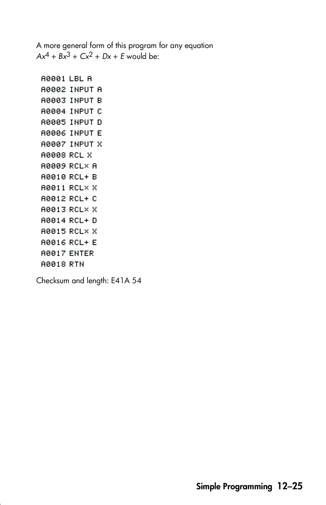 HP 33s Scientific manual Checksum and length E41A 