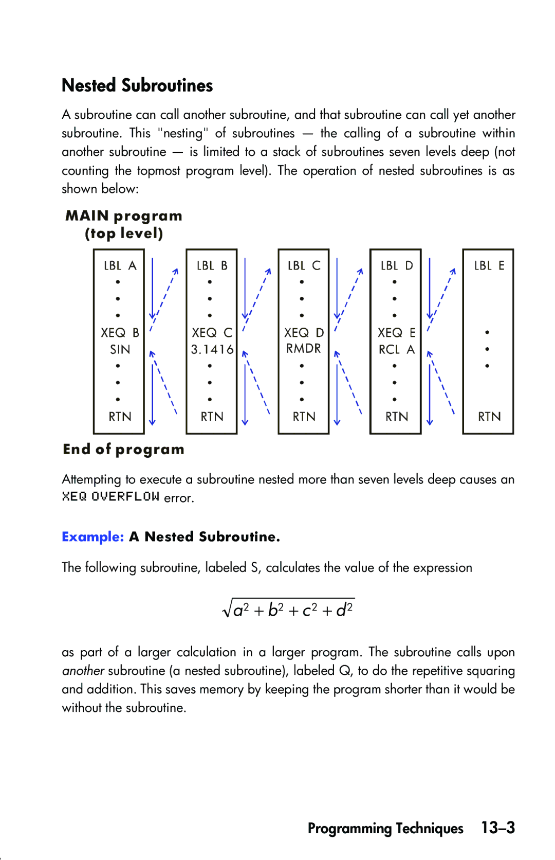 HP 33s Scientific manual Nested Subroutines, Example a Nested Subroutine 