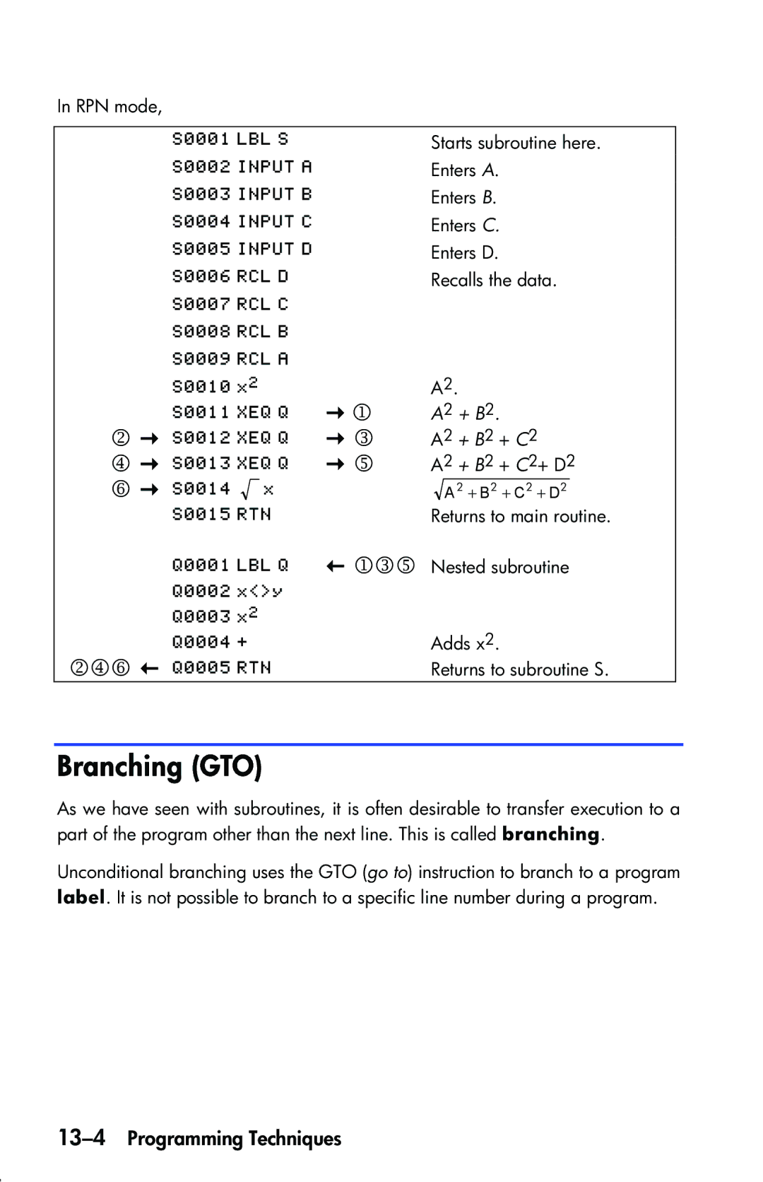 HP 33s Scientific manual Branching GTO, 13-4Programming Techniques, A2 + B2 