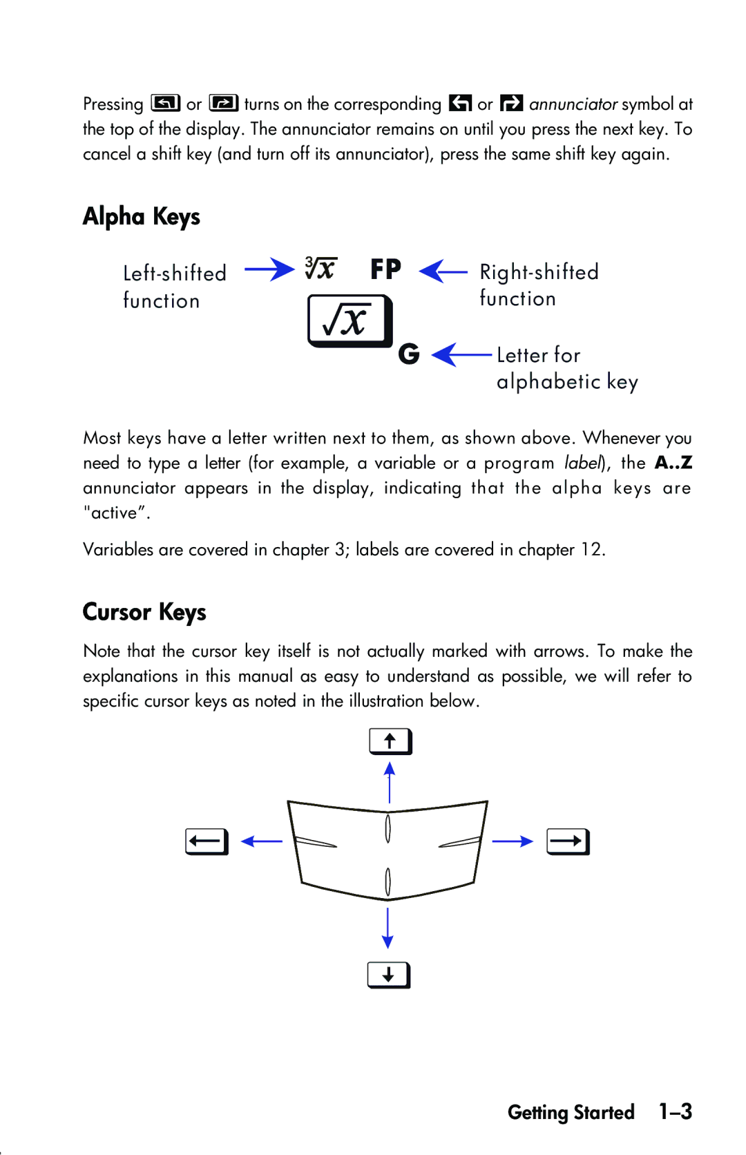 HP 33s Scientific manual Alpha Keys, Cursor Keys 