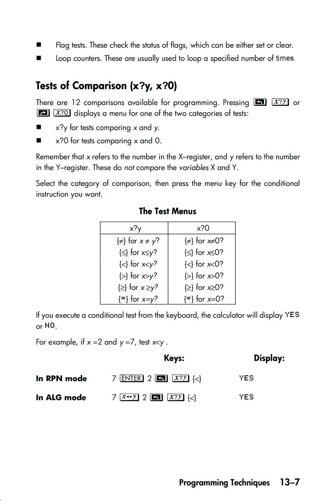 HP 33s Scientific manual Tests of Comparison x?y, x?0, Test Menus 