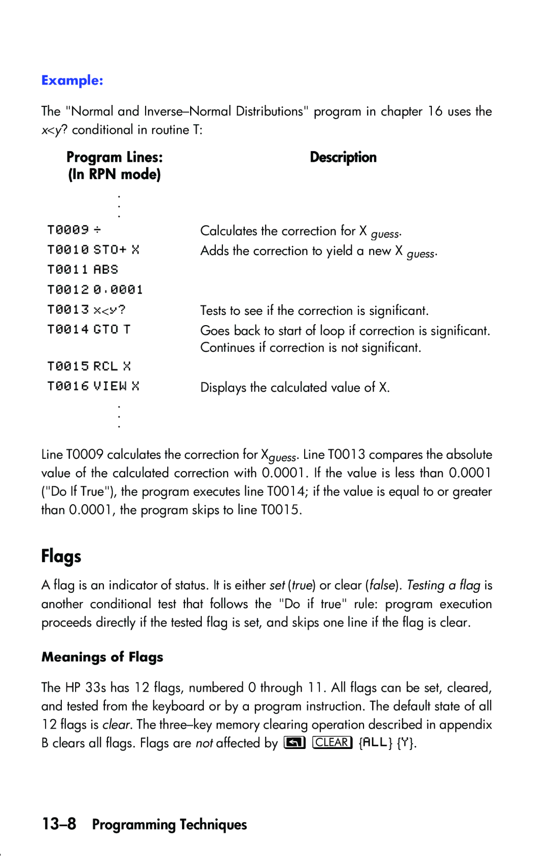 HP 33s Scientific manual Program Lines Description RPN mode, 13-8Programming Techniques, Meanings of Flags 