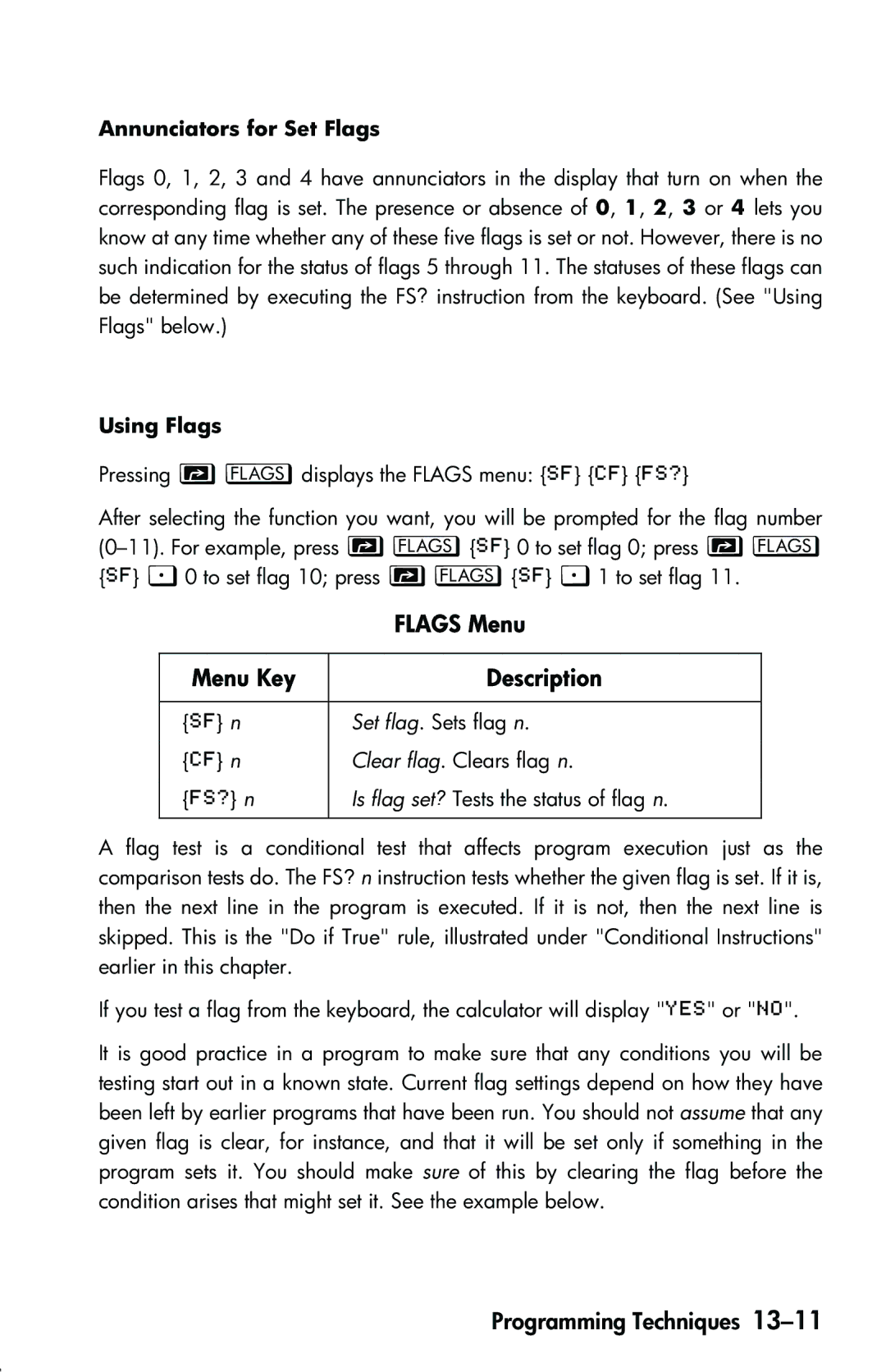 HP 33s Scientific manual Flags Menu Menu Key Description, Annunciators for Set Flags, Using Flags 