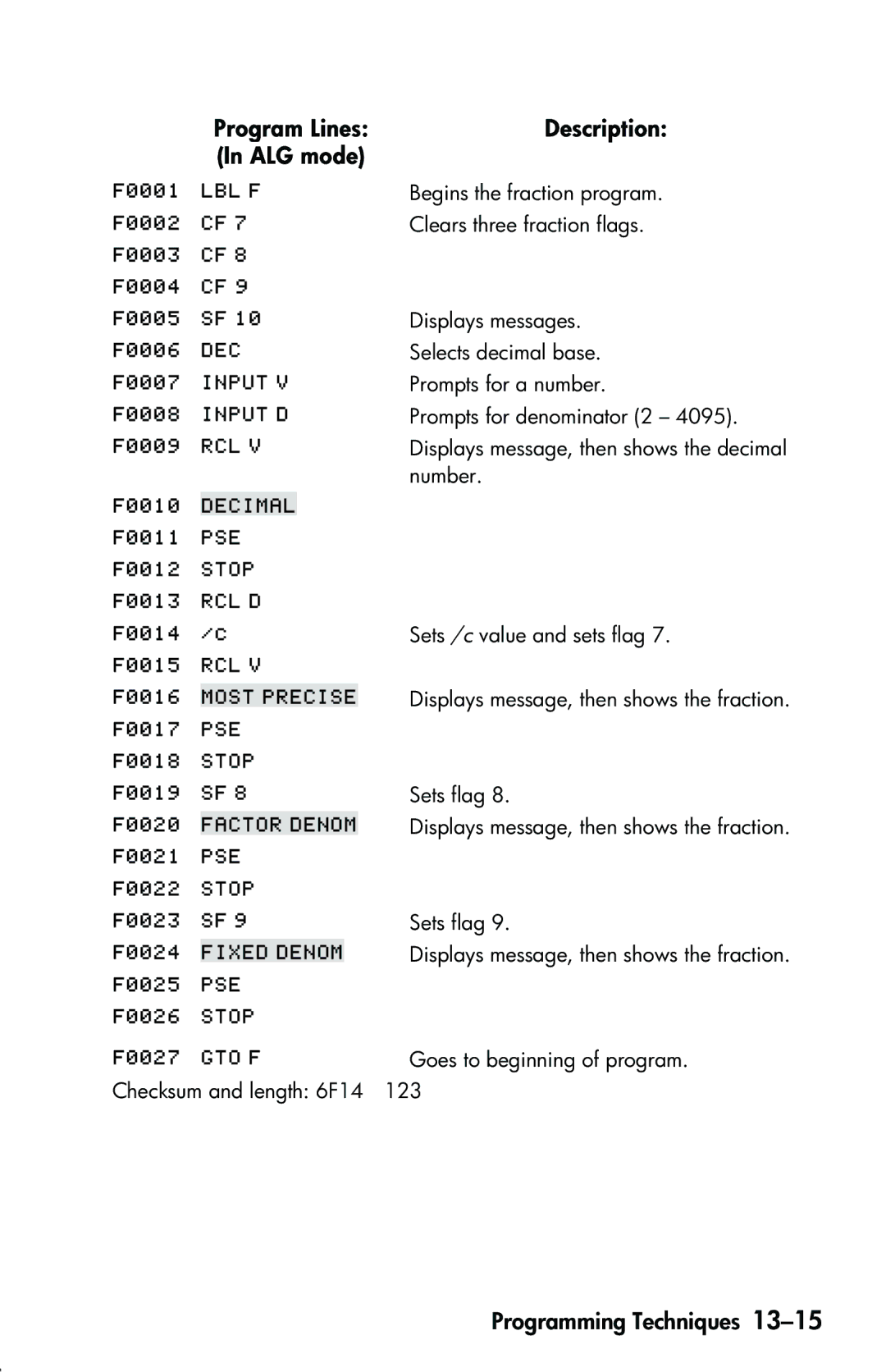 HP 33s Scientific manual Program Lines Description, ALG mode 