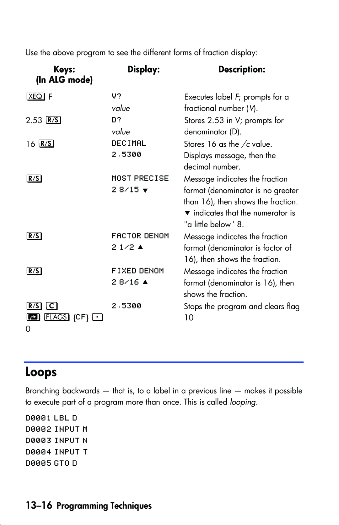 HP 33s Scientific manual Loops, 13-16Programming Techniques 