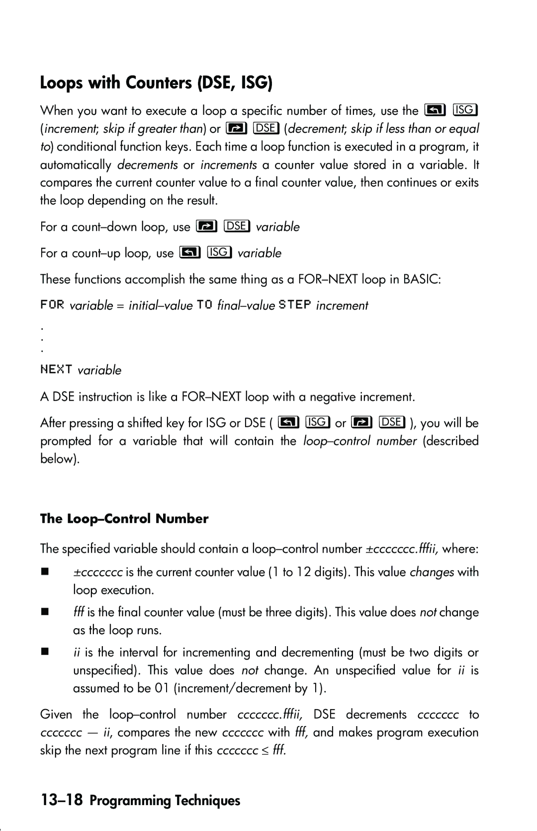 HP 33s Scientific manual Loops with Counters DSE, ISG, 13-18Programming Techniques, Loop-Control Number 