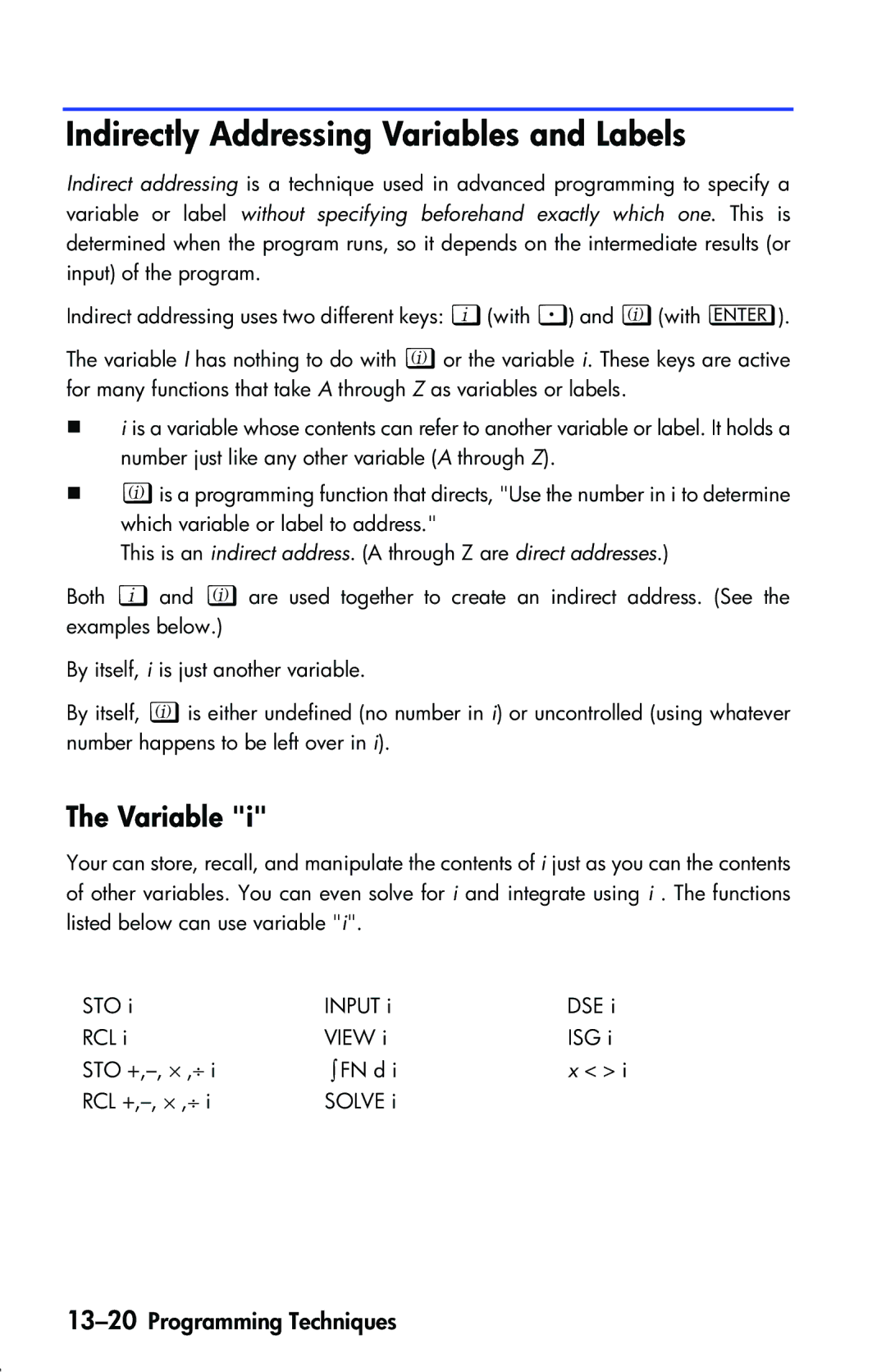 HP 33s Scientific manual Indirectly Addressing Variables and Labels, 13-20Programming Techniques 