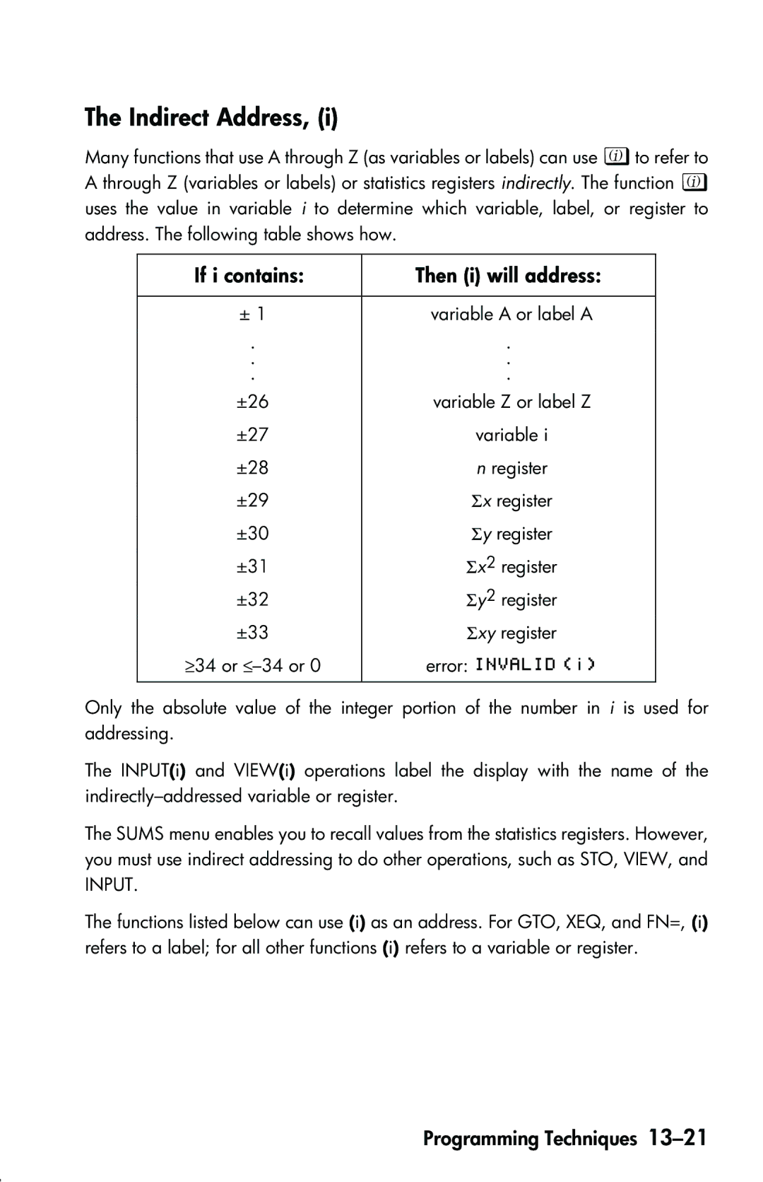 HP 33s Scientific manual Indirect Address, If i contains Then i will address 